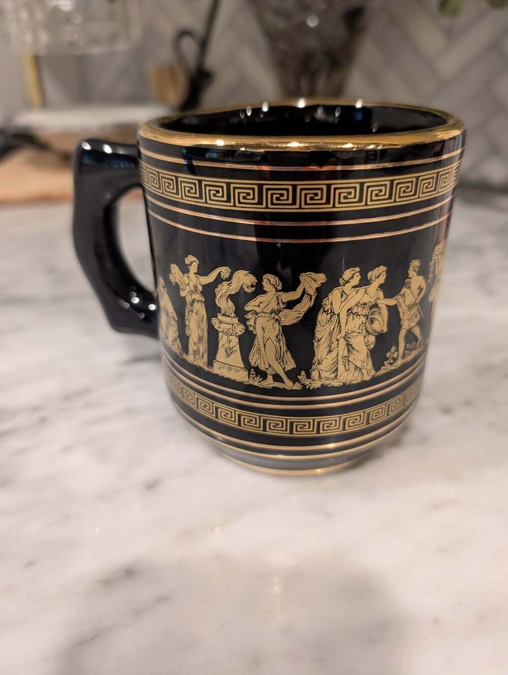 M Handmade in Greece 24k Gold and Black Ancient Greek Mythological Motif Mug